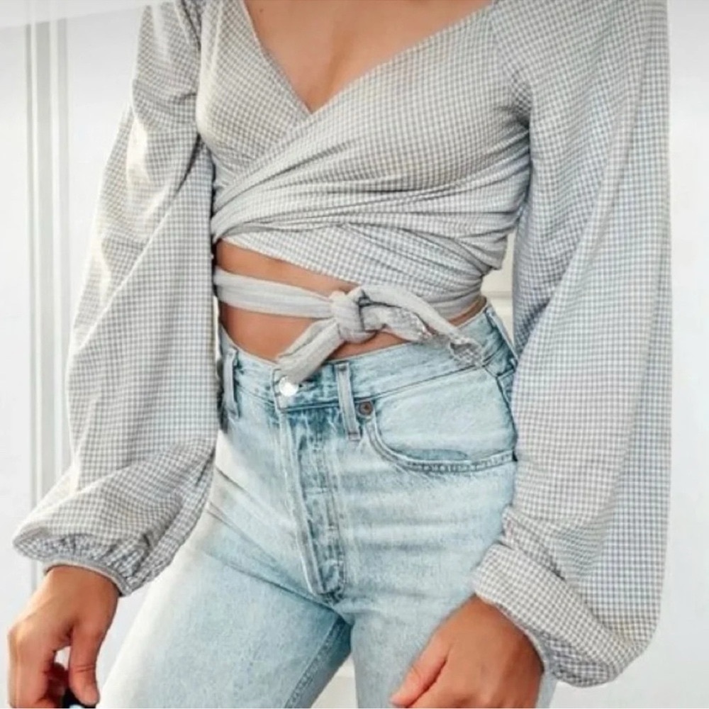 ZARA TRAFALUC Gingham Wrap Crop Top